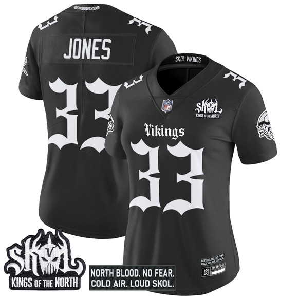 Women's Minnesota Vikings #33 Aaron Jones Black 2025 Kings of the North Patch 'Gothic Norseblood Edition' Vapor Untouchable Limited Stitched Football Jersey(Run Small)